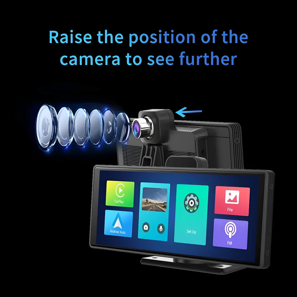 12-inch touch screen car dash cam mounted on windshield, showing split-screen view of front and rear road footage.