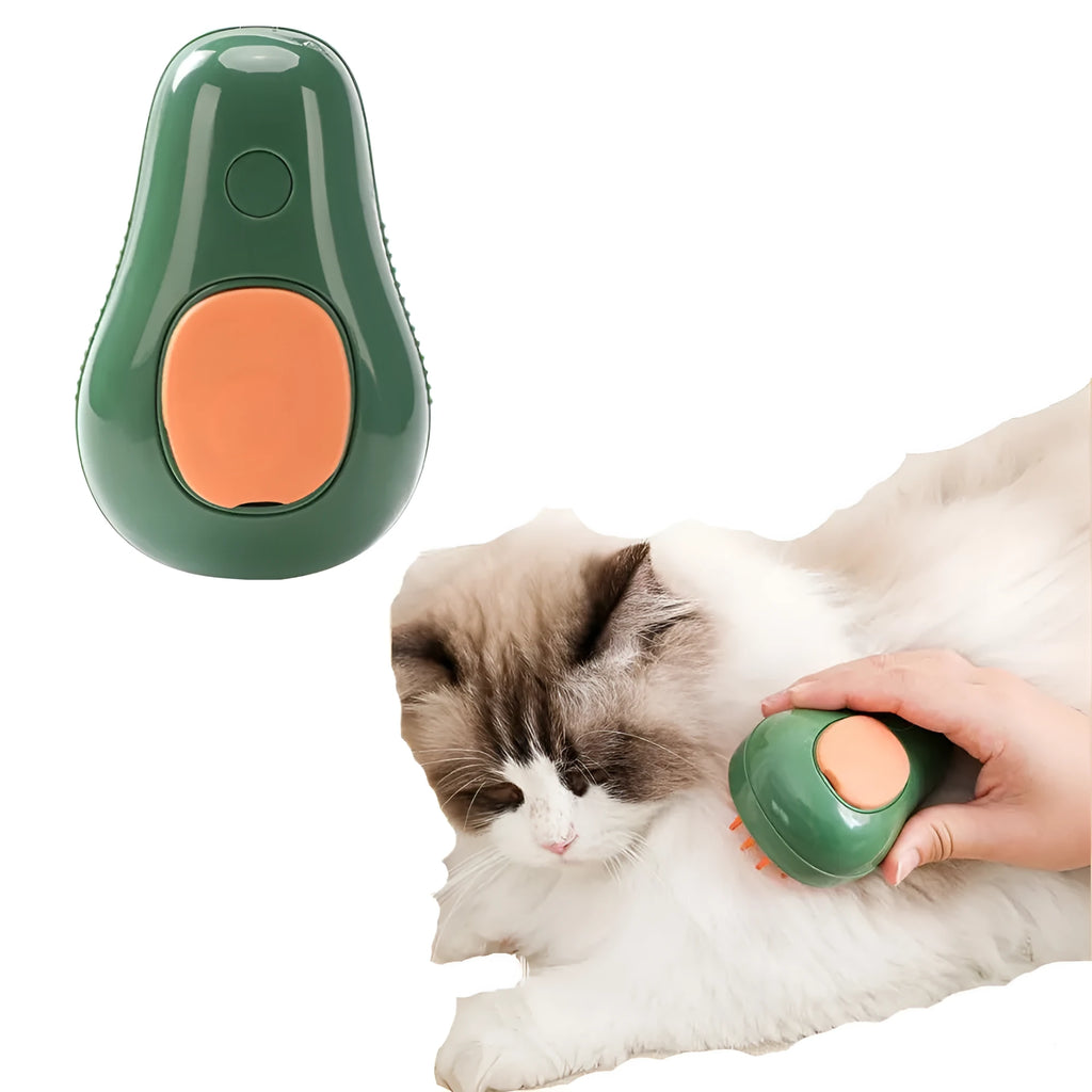 Green and white rechargeable cat steam brush with silicone teeth and water spray nozzle.