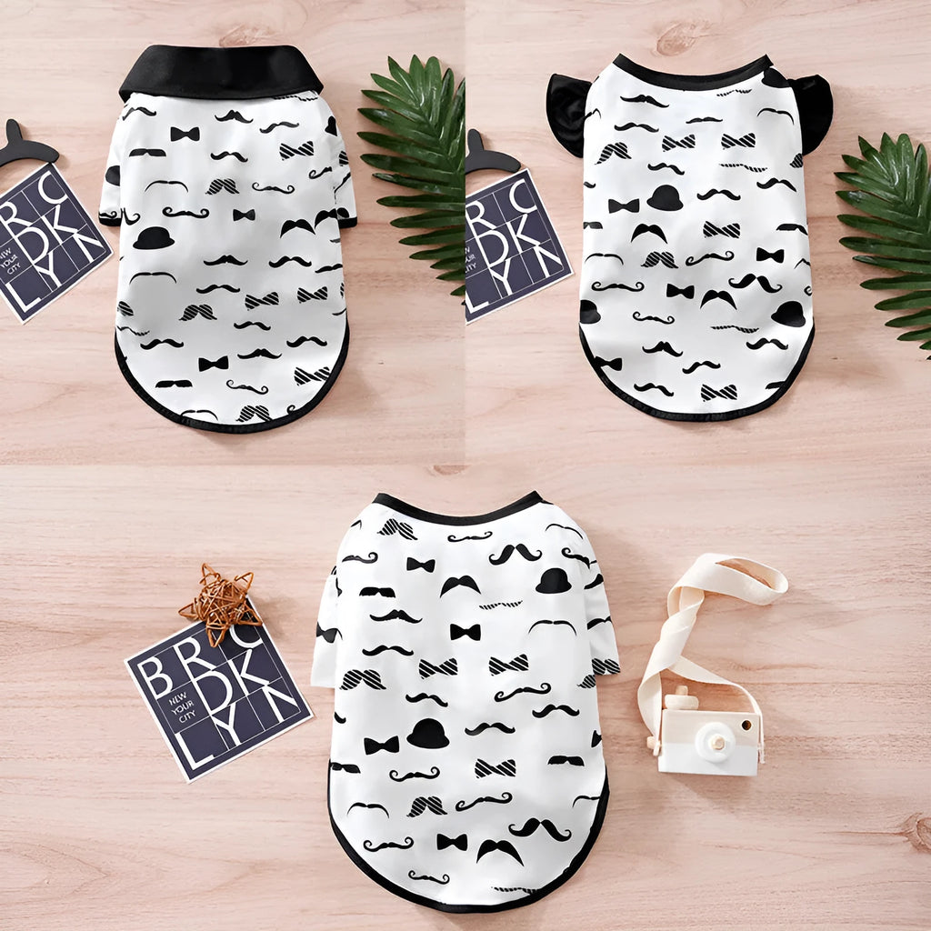 White gentleman beard style polyester dog coat shown on pet model with casual styling