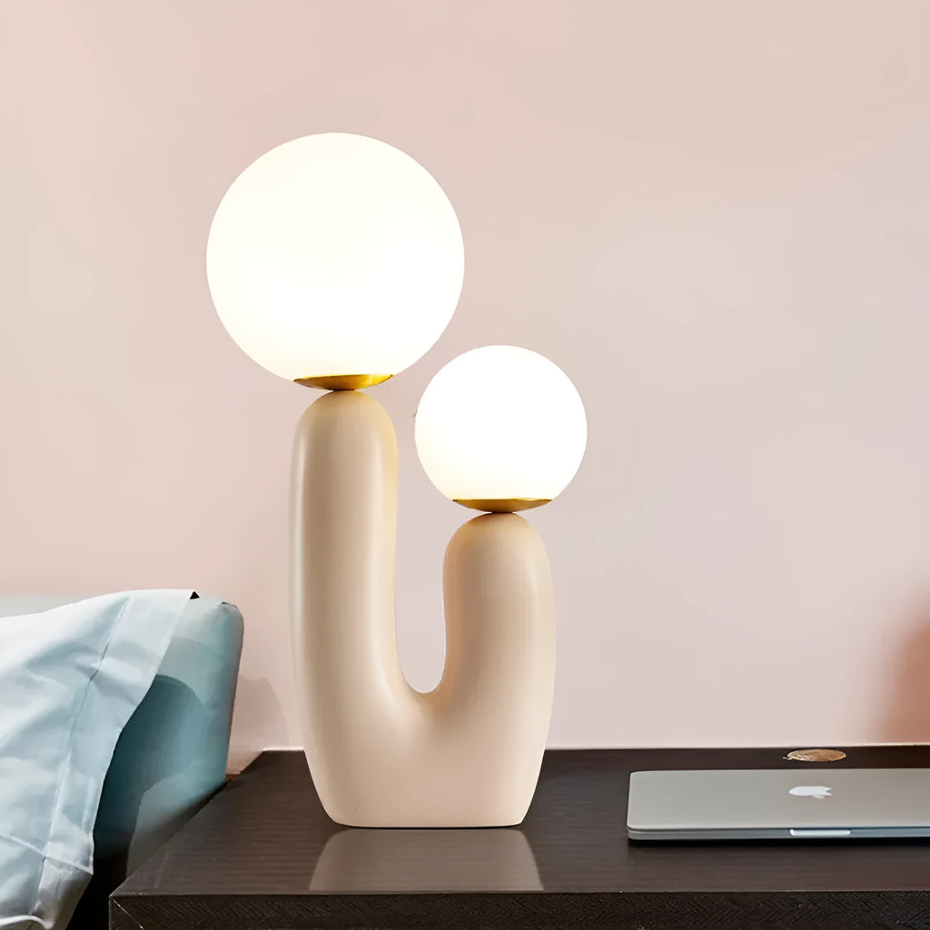 Double-head resin table lamp with pink baking paint finish, glass shade, 49cm height, on bedside table