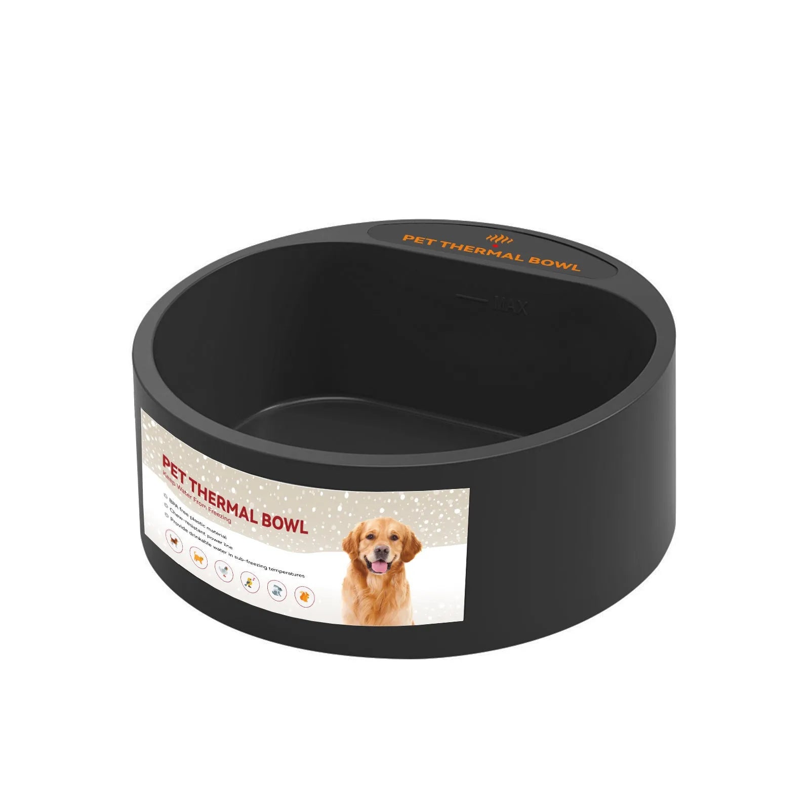 Black electric heated pet bowl for dogs and cats showing cord and 2.2-litre capacity.