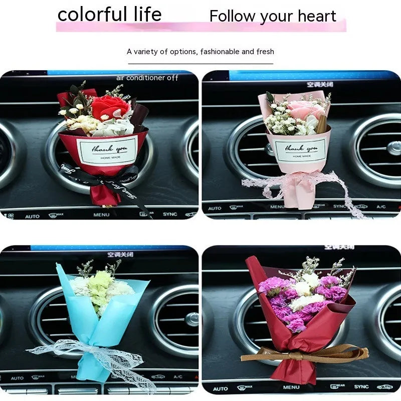 Car air conditioning vent clip with dried flower ornament and perfume bottle in various colour options