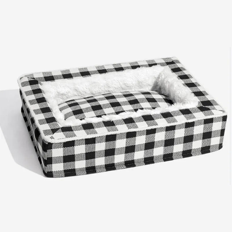 Classic plaid dog cushion with removable cover in red, shown next to a measuring tape indicating its size.
