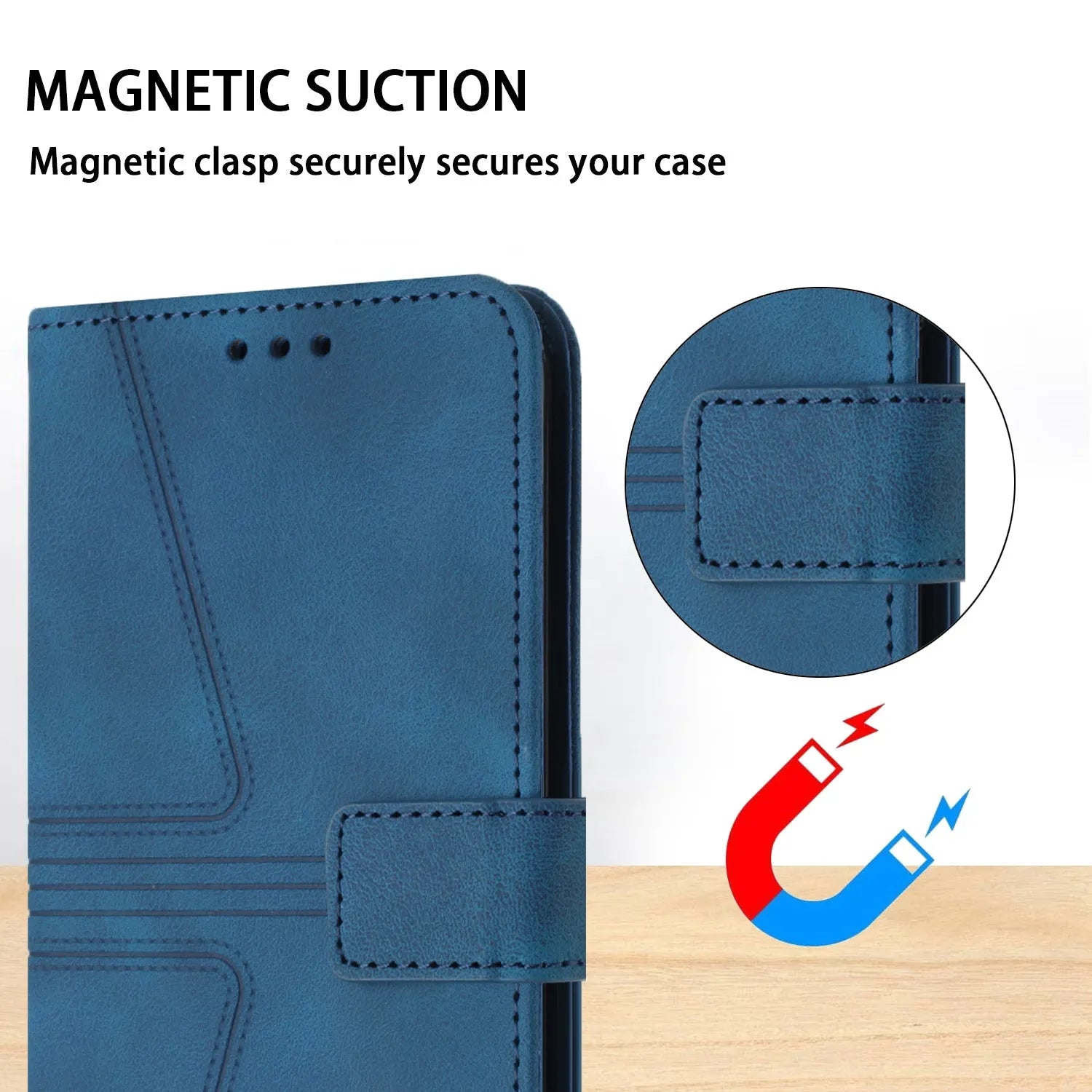 Flip card leather case for Samsung S24 Ultra in blue with embossed geometric lines and short hand strap