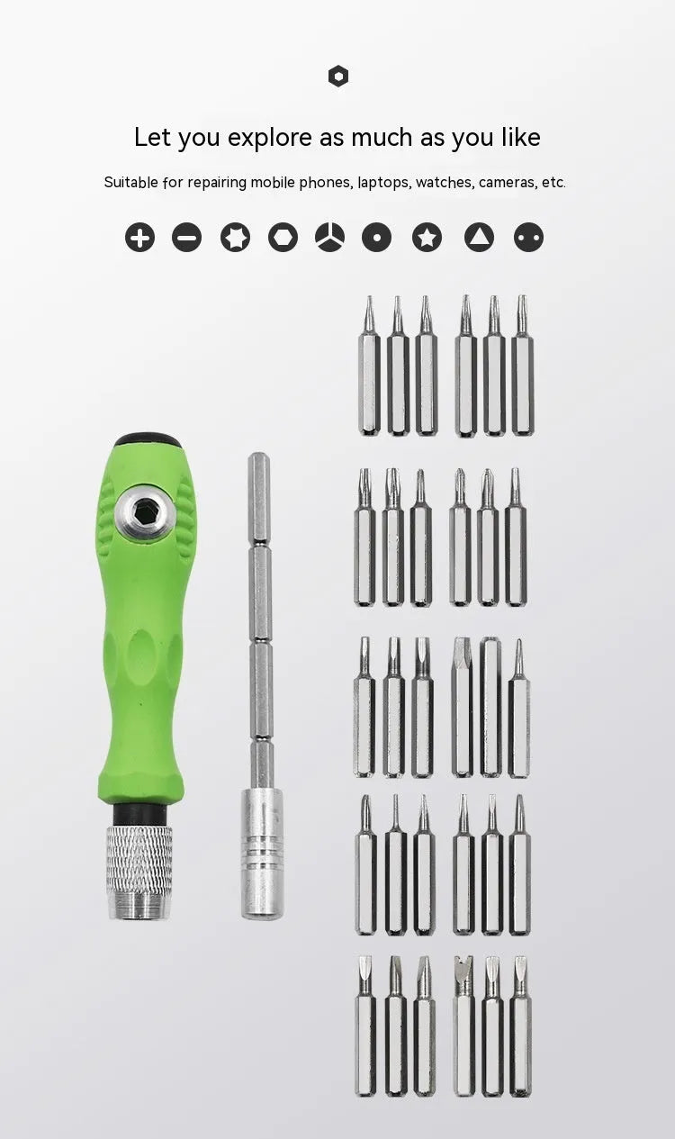 32-in-1 precision screwdriver set with multiple bits for mobile phone and electronics repair