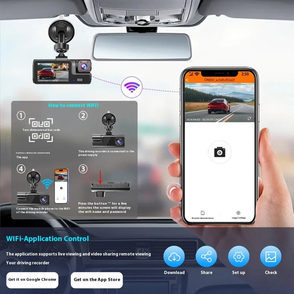 A compact black Wi-Fi dash cam with a 2.0-inch screen mounted on a car windscreen, showing a live road view.