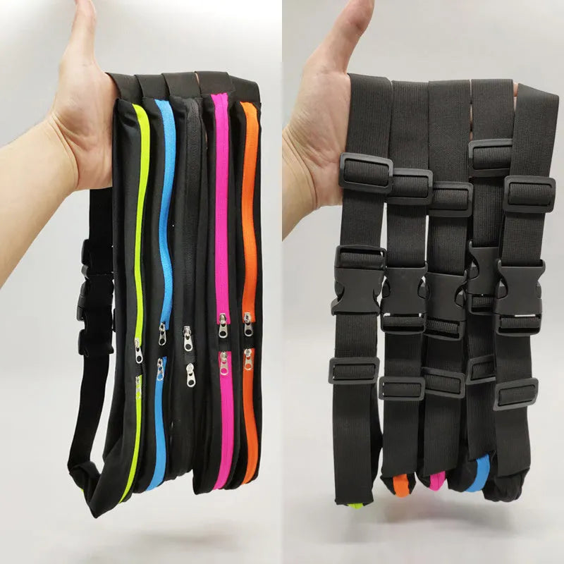 Unisex polyester sports waist bag with double pocket and slim zip, in black, green, blue, rose or orange