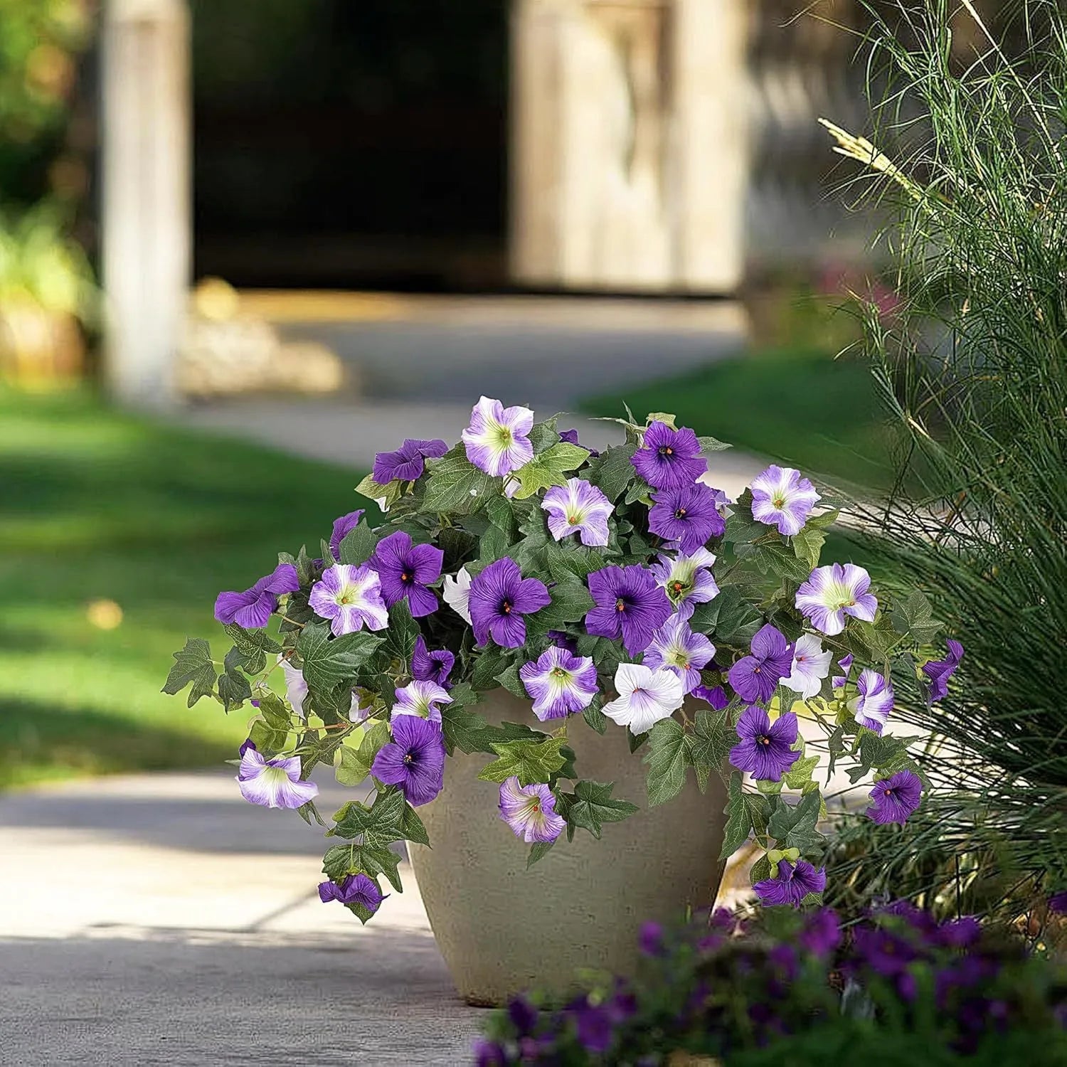 Plastic artificial flower with fork base in European courtyard design for outdoor garden display