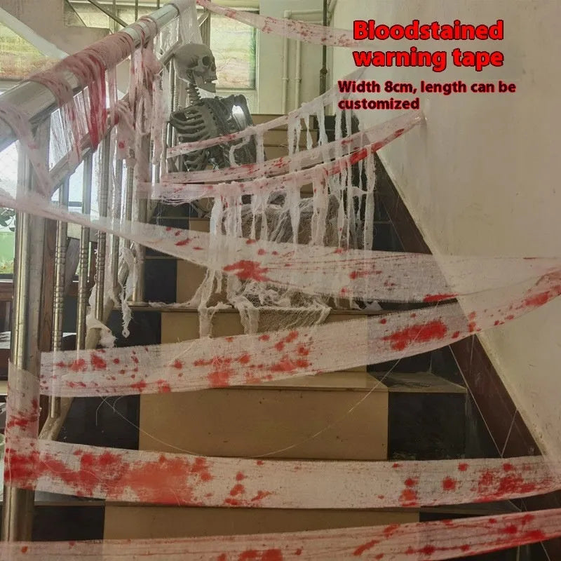 Roll of 8cm wide bloody red Halloween bandage gauze for horror decoration next to a white variant.