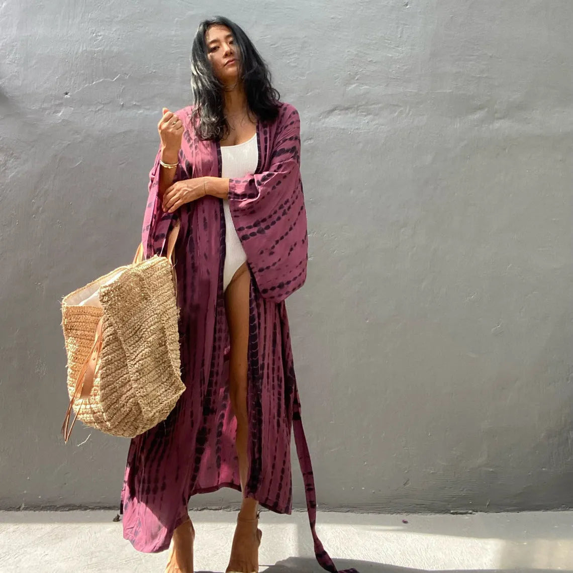 Loose printed cotton beach cover-up shirt in a DN0712 colour, shown as a long-sleeved blouse.