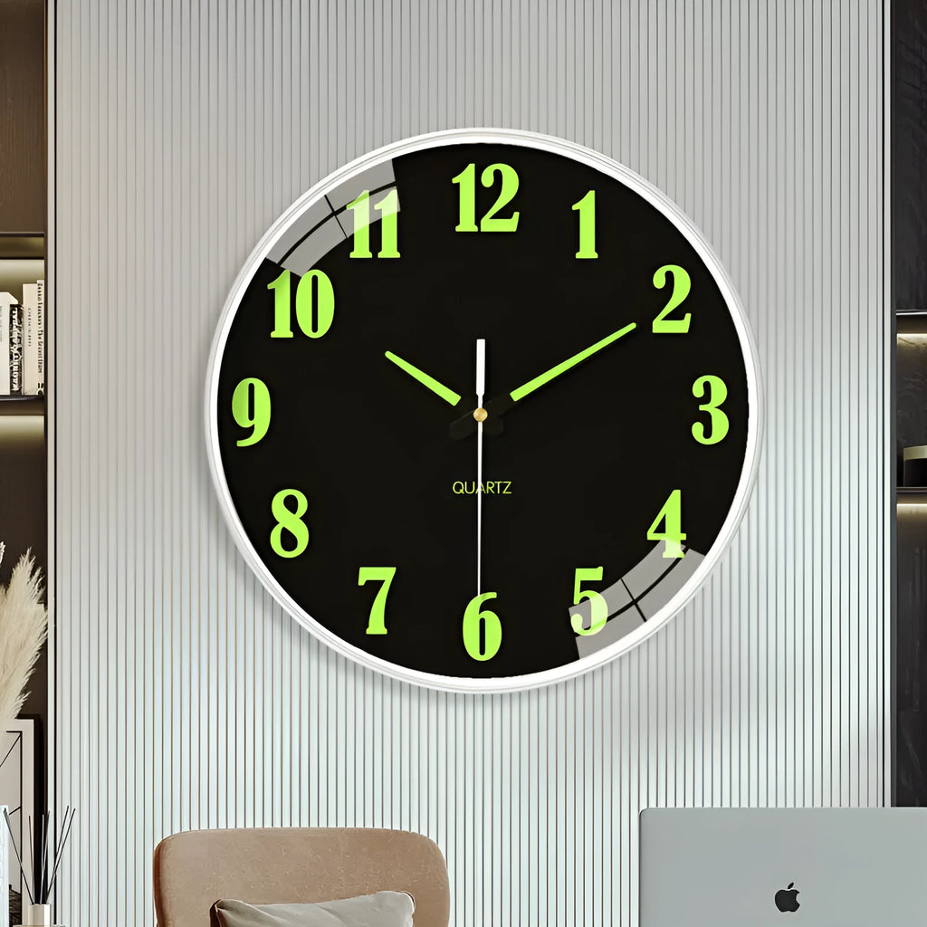 8 inch luminous wall clock with modern plastic shell on a wall