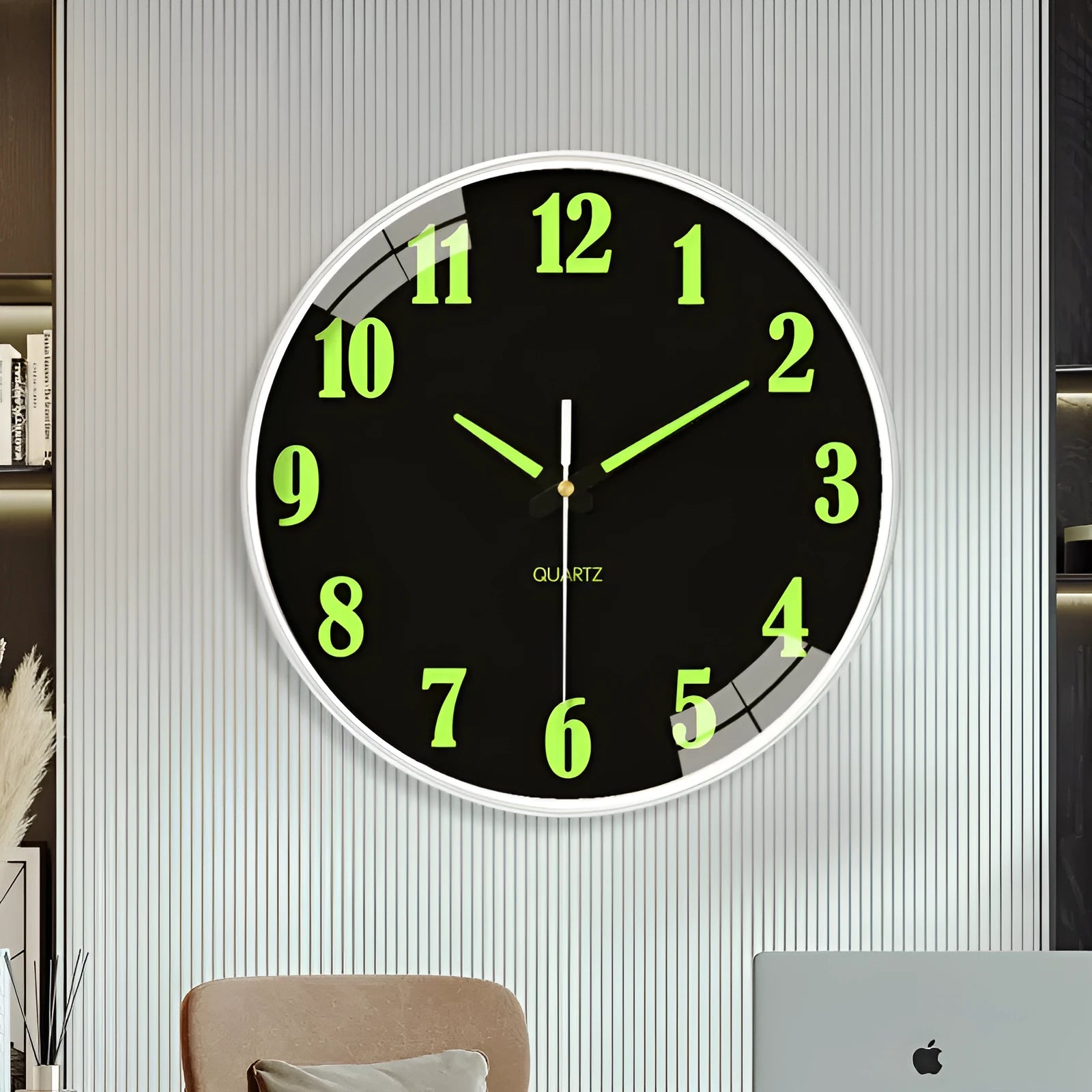 8 inch luminous wall clock with modern plastic shell on a wall