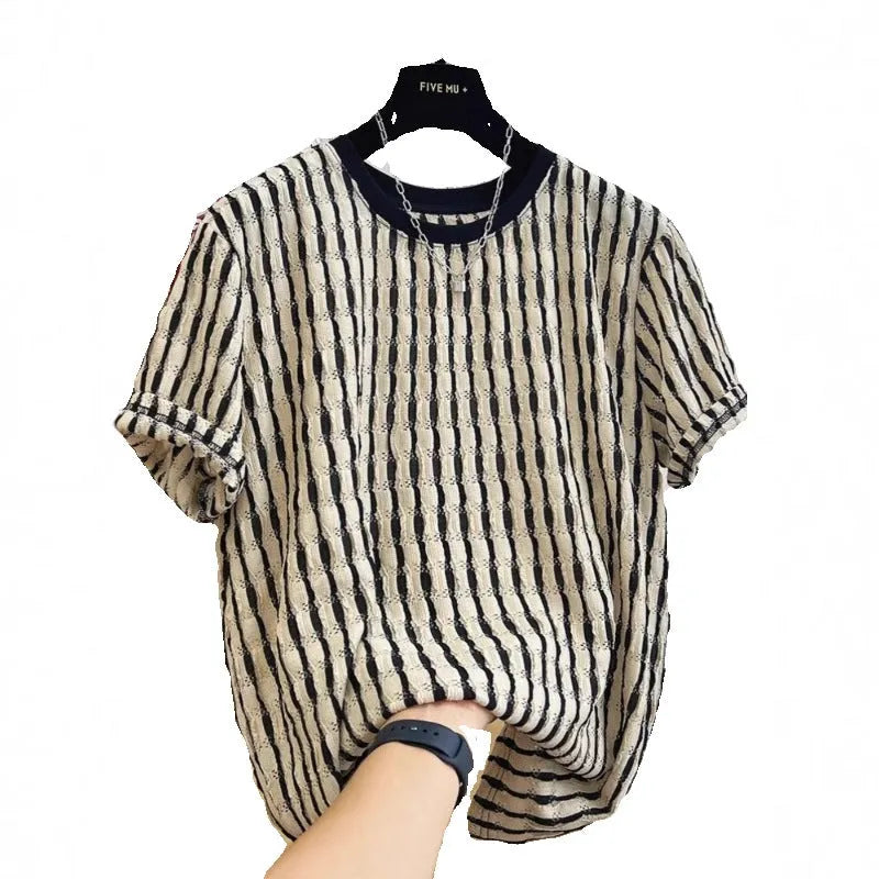 Men's black striped loose fit casual short sleeve shirt in linen silk blend fabric