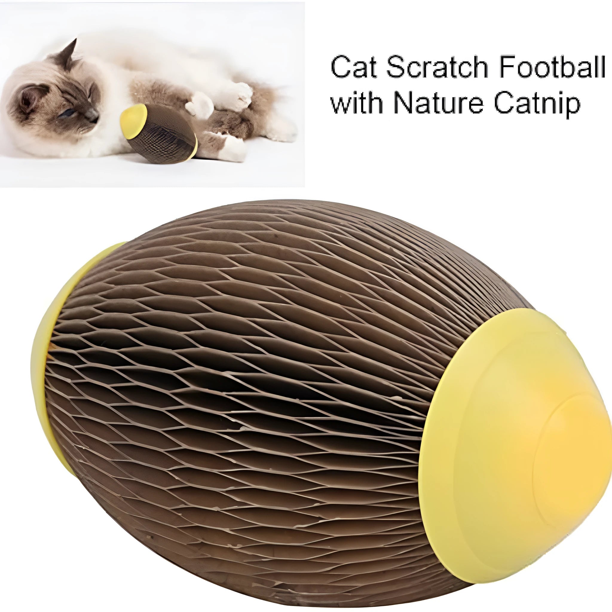 Ellipse shaped corrugated paper catnip ball scratch toy measuring 65mm by 108mm