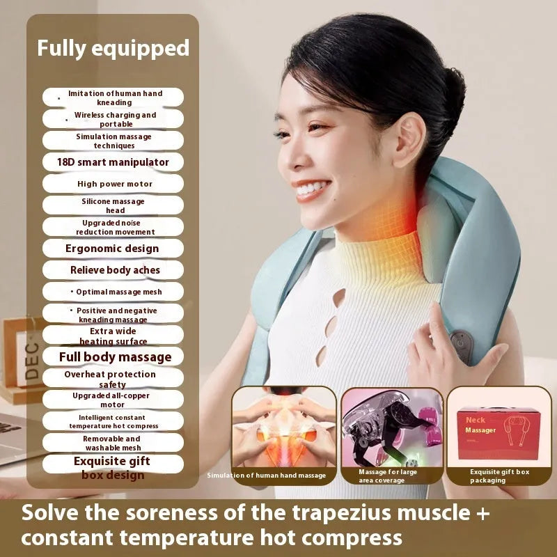 Blue rechargeable foldable electric neck and shoulder massager with display.
