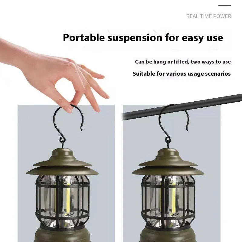 Portable black camping head lamp and lantern with super bright light, shown next to red and dark green colour options.