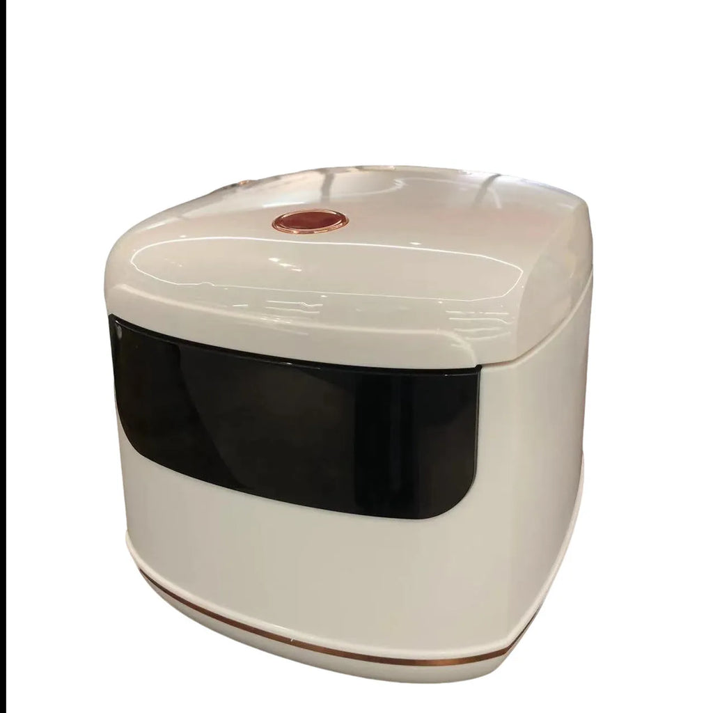 White multi-function smart rice cooker with 2L steamer, touch panel, LCD display, and aluminum core lining