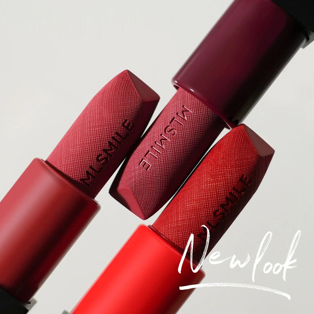 MLSMILE embossed lipstick trio set showing three lipsticks in a compact 7.7cm x 6.8cm case.