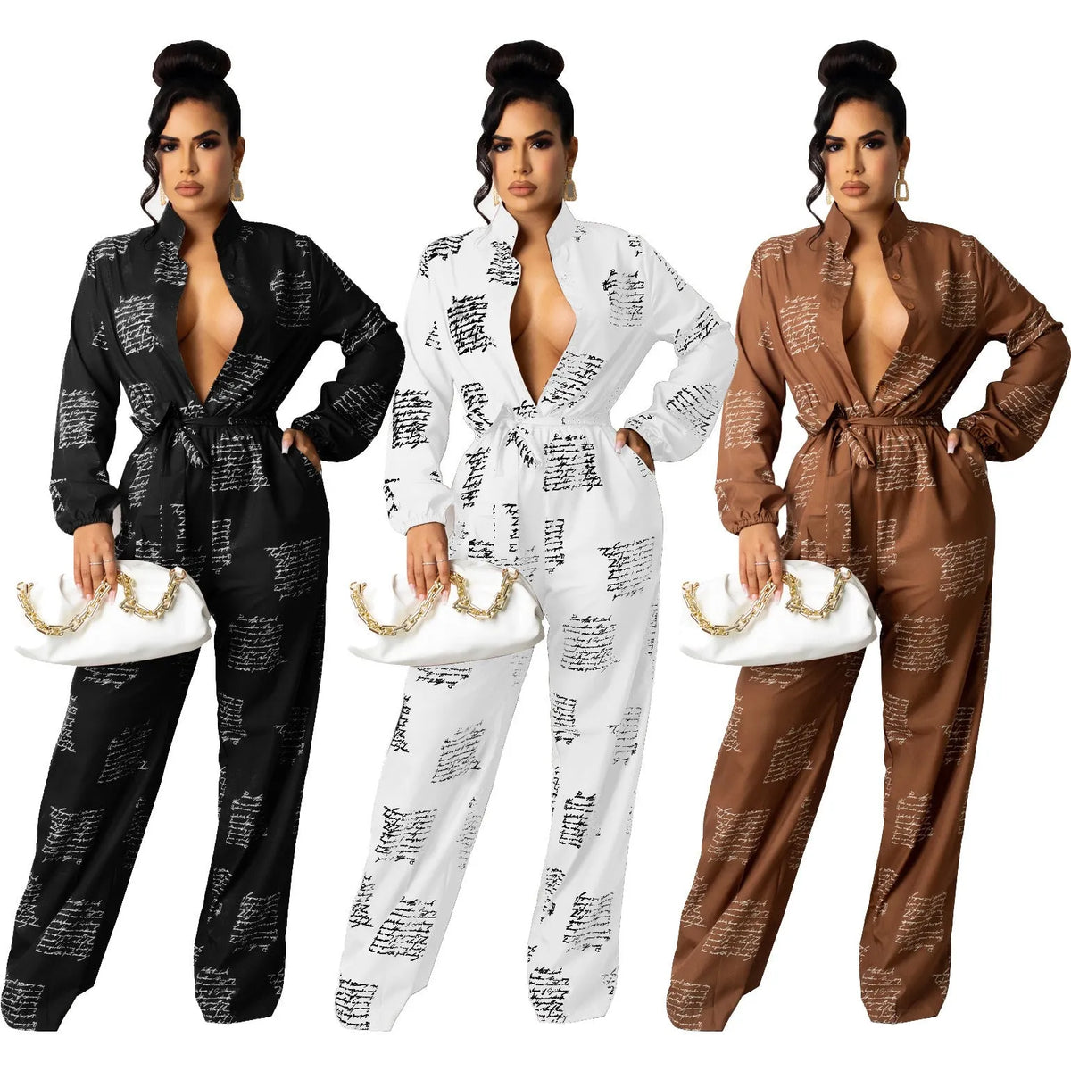 Women's loose shirt jumpsuit, long sleeve, printed thin polyester, mid waist, white or brown, sizes S to XXL