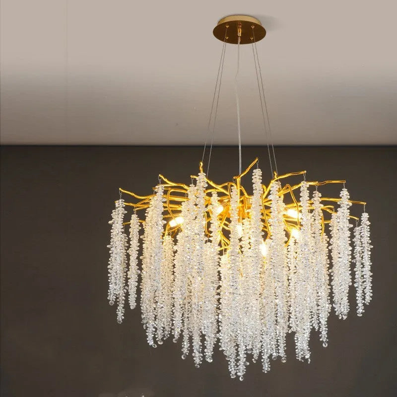 Adjustable height crystal chandelier lamp in round and long styles for living room or dining room.