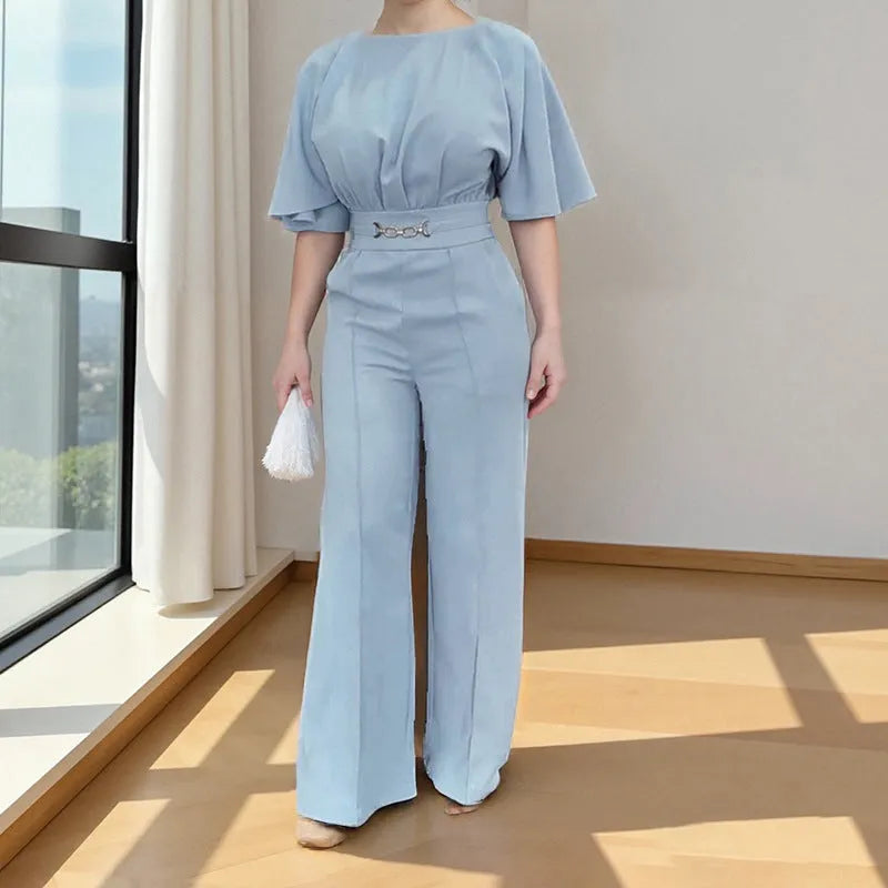 Blue men's two-piece polyester suit set on a hanger, featuring a long-sleeve shirt and trousers.