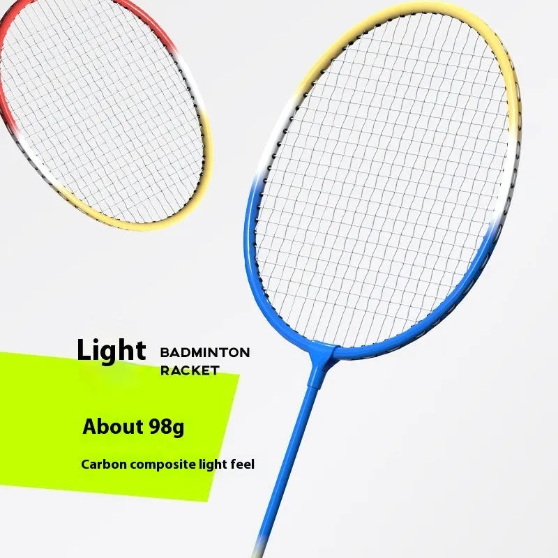 A pair of ultra-light alloy badminton rackets, one blue and one red, laid side by side.