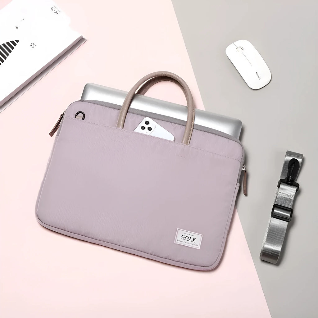Thin nylon notebook business handbag with zipper closure and soft handle, in dark blue, sized for 15.6 inch laptops