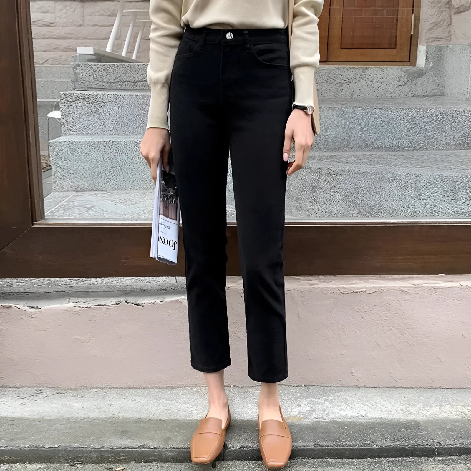 Black composite velvet straight leg pants with pockets for women commute style
