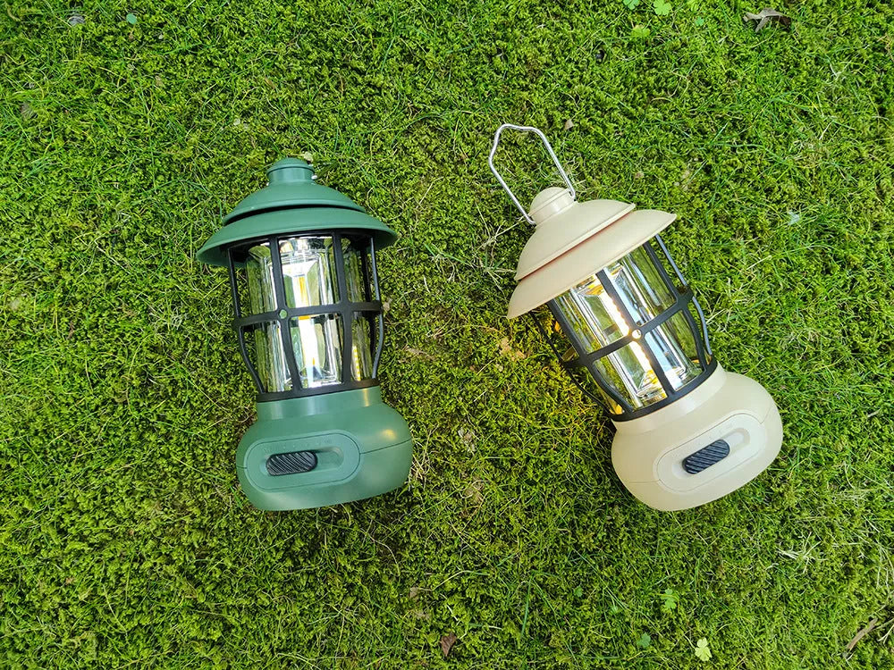 Black retro USB rechargeable camping lantern with iron shell and LED ambient light for outdoor tent use