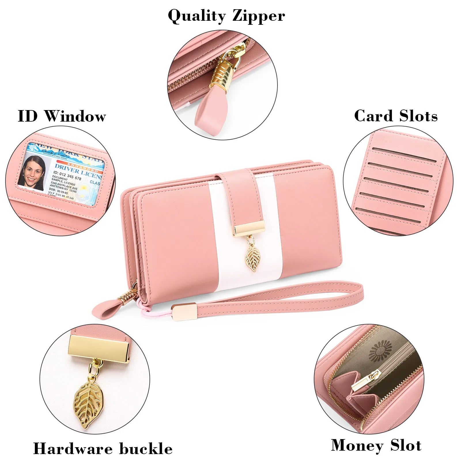 Midnight black women's anti-theft PU leather clutch bag with a visible lock, shown open to reveal soft microfiber lining.