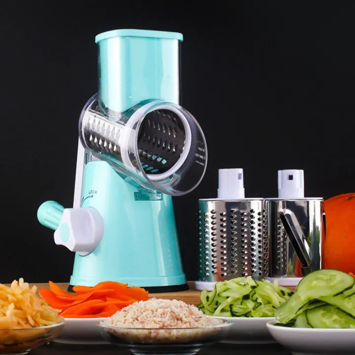Manual round mandoline kitchen slicer with stainless steel blade in blue colour