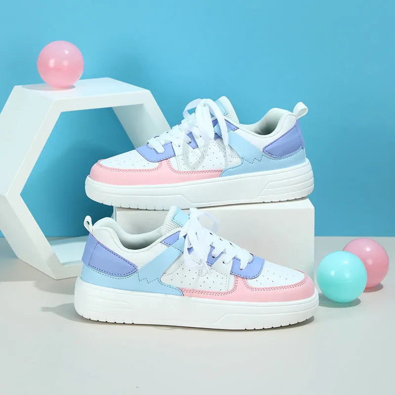 Platform sneakers soft bottom lace up mid heel 3-5cm round toe casual shoes artificial PU upper mesh lining black white