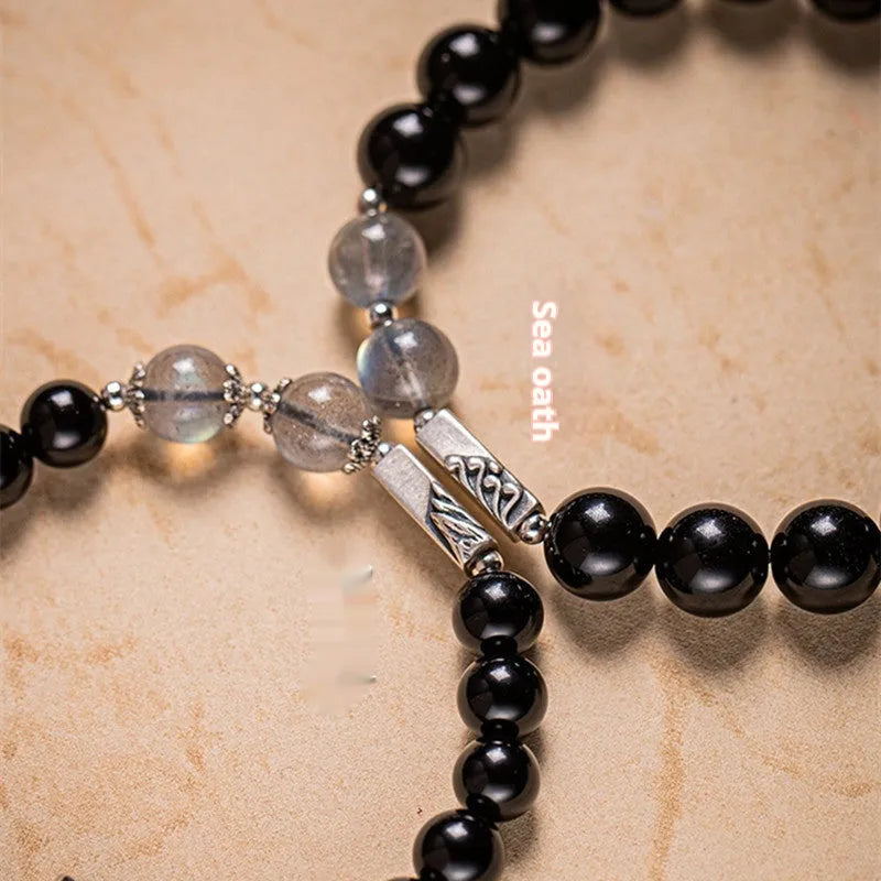 Black obsidian Buddha beads couple bracelet DIY set with 8mm and 10mm beads