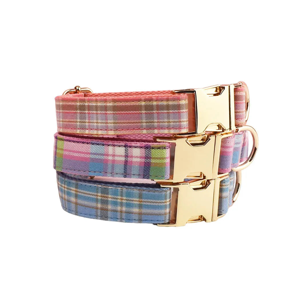 Plaid pattern dog collar and matching lead set with bandana accessory in multiple colour options