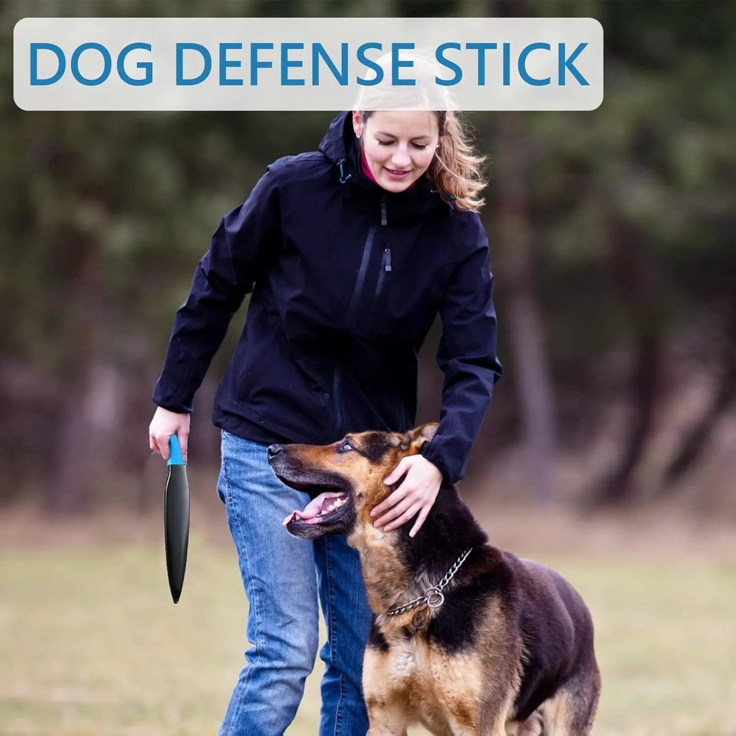 Blue-handled nylon dog break stick measuring 35 cm, shown with colour variants.