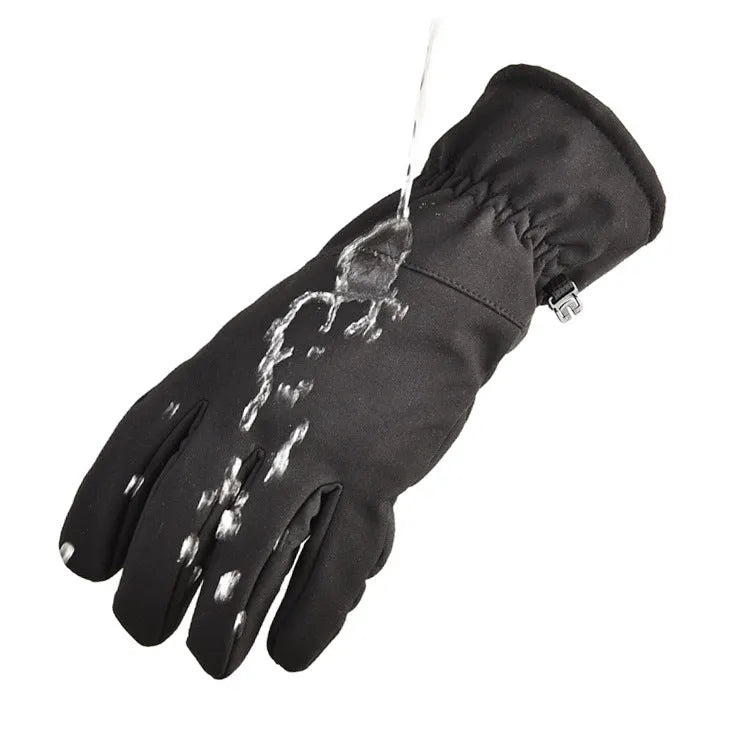 A pair of tactical camouflage ski gloves with touchscreen fingertips on a hand.