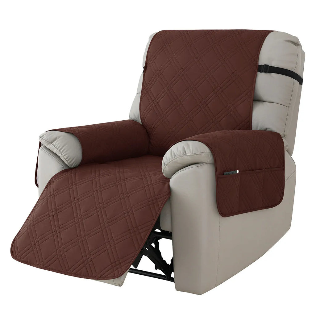 Quilted burgundy sofa cover stretched over a single Chivas massage chair cushion.