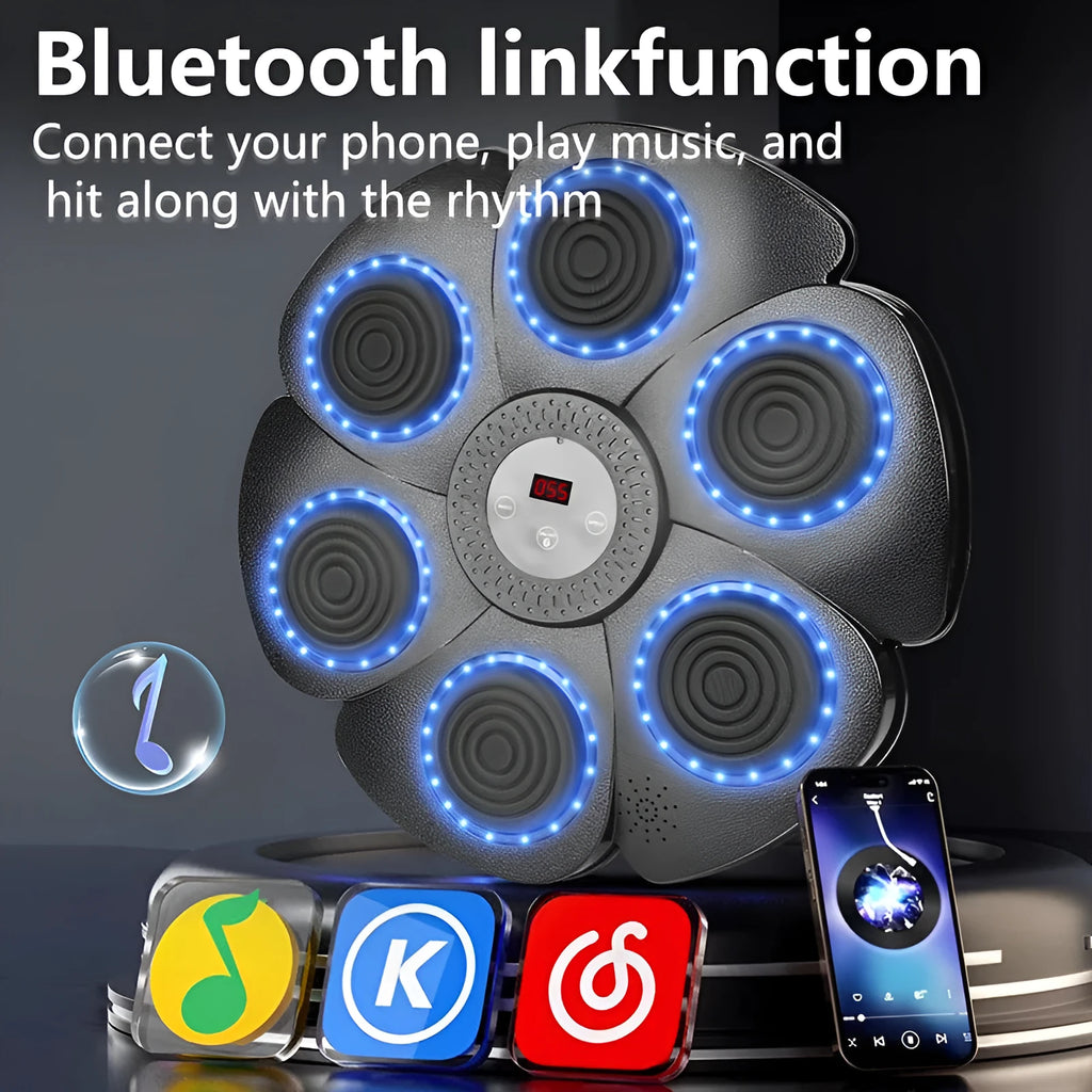 Black plastic smart boxing wall target with Bluetooth and lights, includes half-finger gloves.