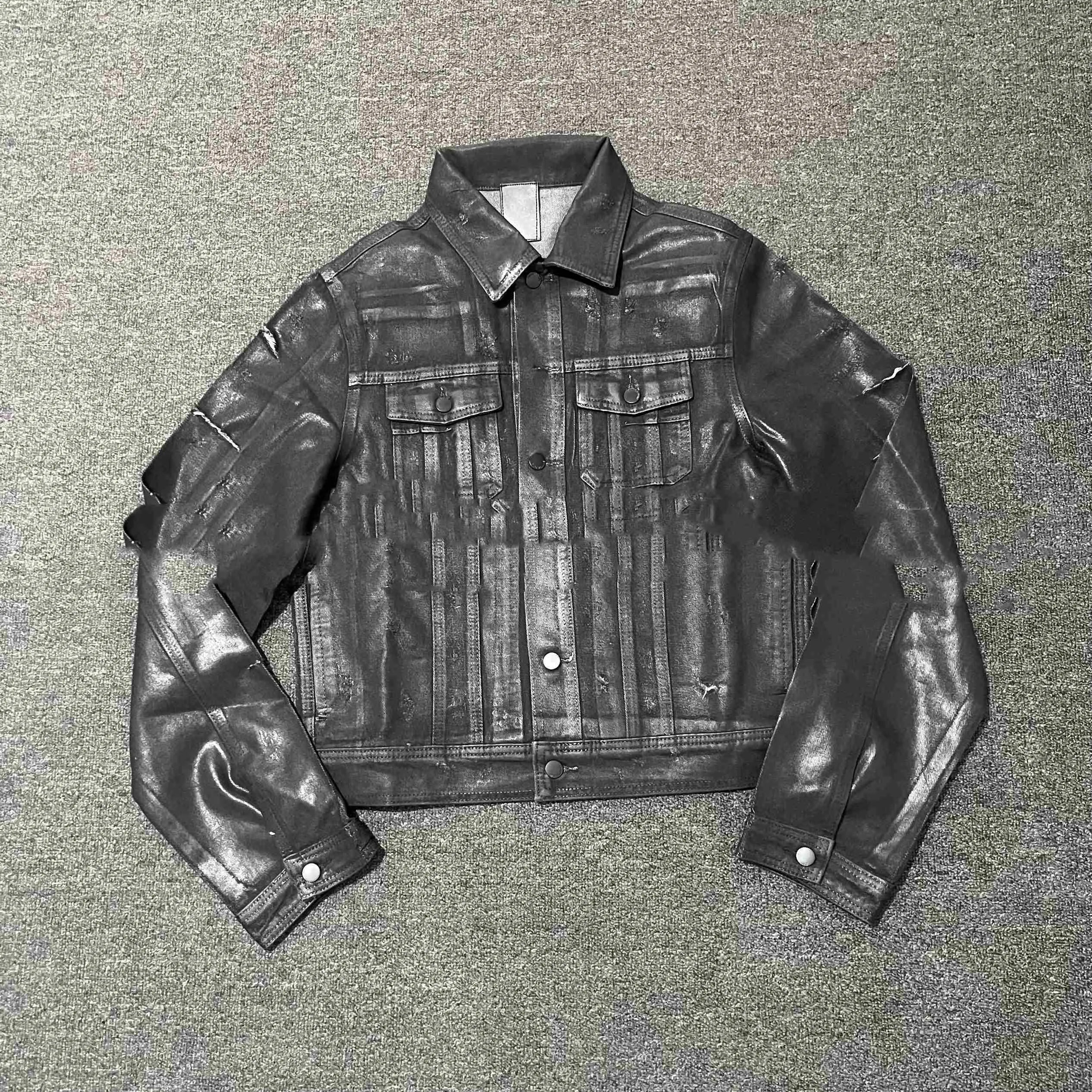 Denim coat archive short slim jacket in black polyester with lapel collar and long sleeves