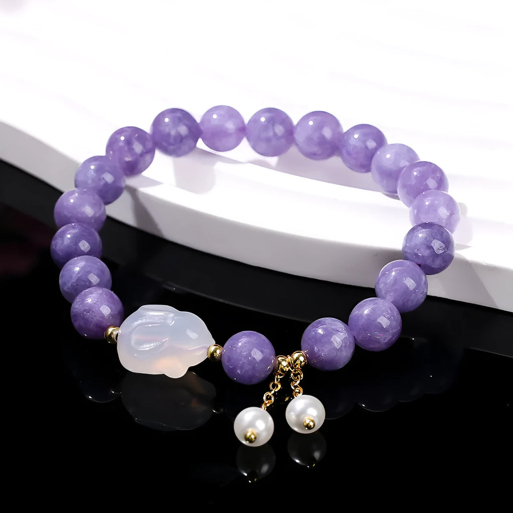 Purple aquamarine agate rabbit bracelet with geometric charm, handcrafted jewellery for women.