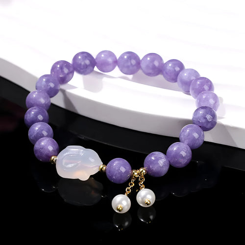 Purple aquamarine agate rabbit bracelet with geometric charm, handcrafted jewellery for women.