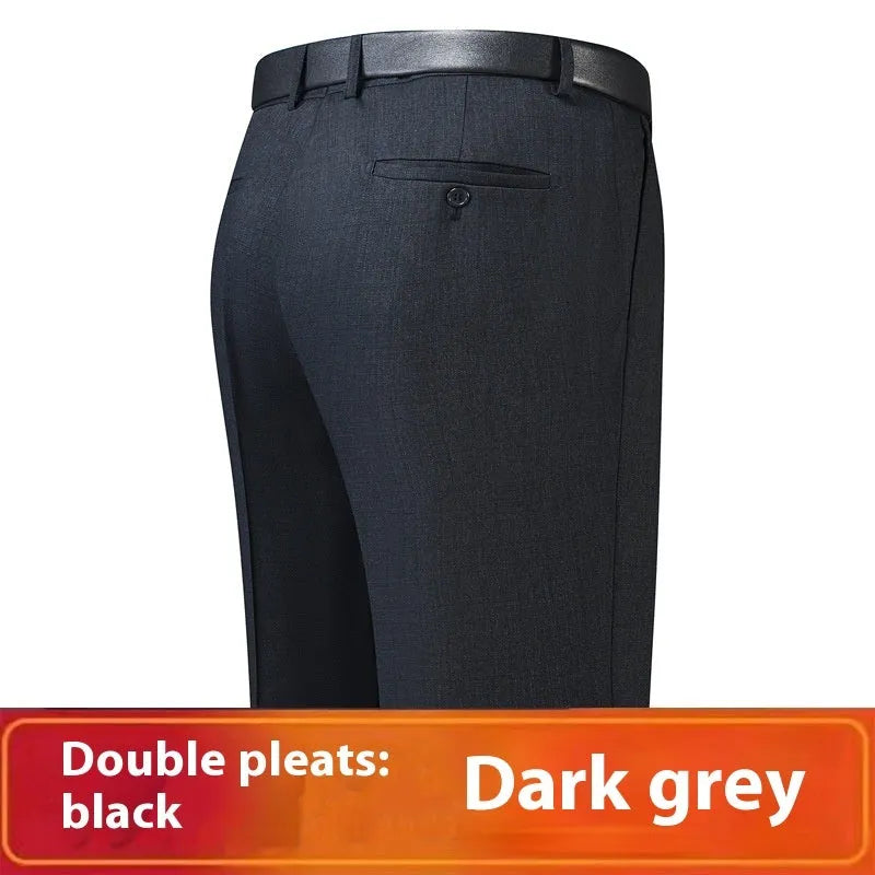 Men's loose deep crotch straight wool trousers with double pleated front, sizes 30-56, in dark blue, black, or grey.