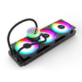 CPU liquid cooler radiator with RGB lighting on fan, showing aluminium construction.