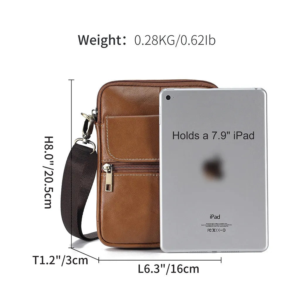 Men's brown genuine leather crossbody shoulder bag with sewing line detailing