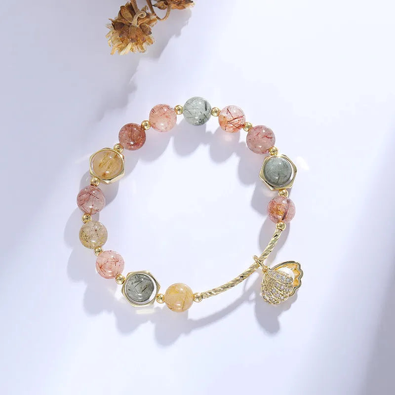 Women's colourful hair crystal shell bracelet with red sealant flower detailing and electroplated finish