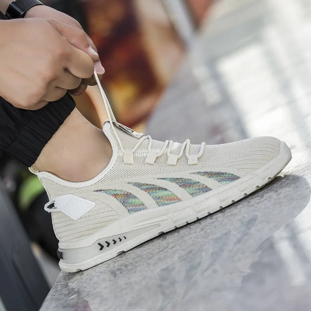 Low-top striped sneaker with mesh upper and flat plastic sole in grey colour