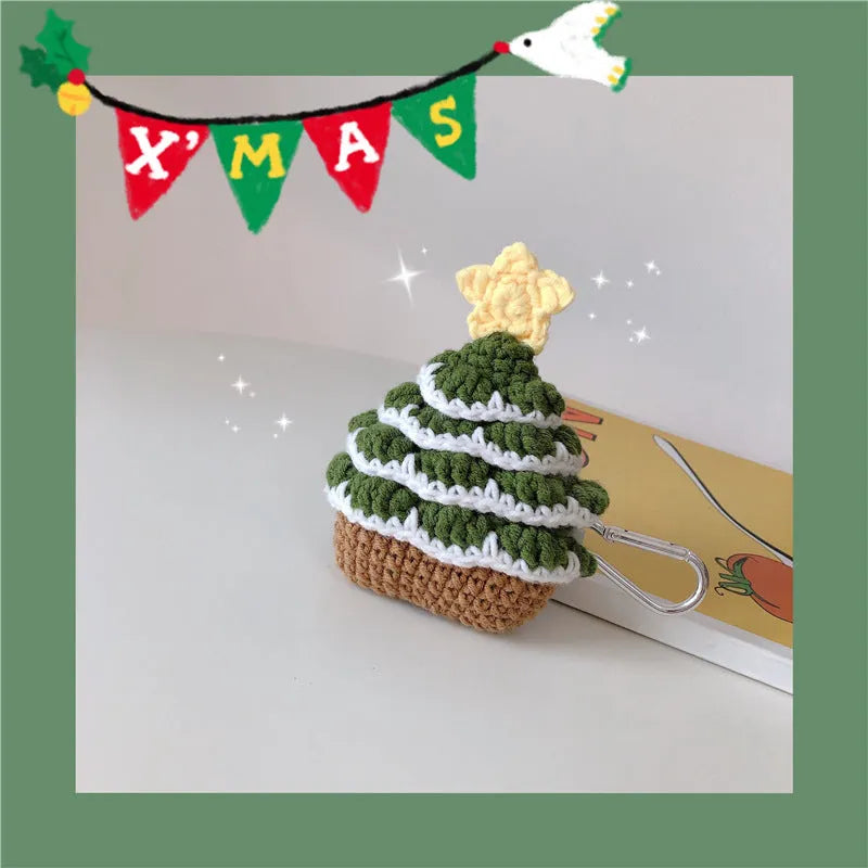 Knitted green Christmas tree AirPods case with hook, flip-type cover for AirPods Pro and AirPods 1/2