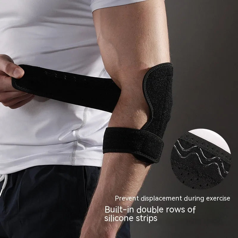 Black adjustable sports elbow guard shown on arm during athletic activity
