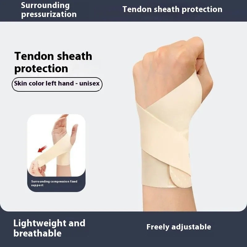 Adjustable black athletic wristguard worn on a wrist during exercise.