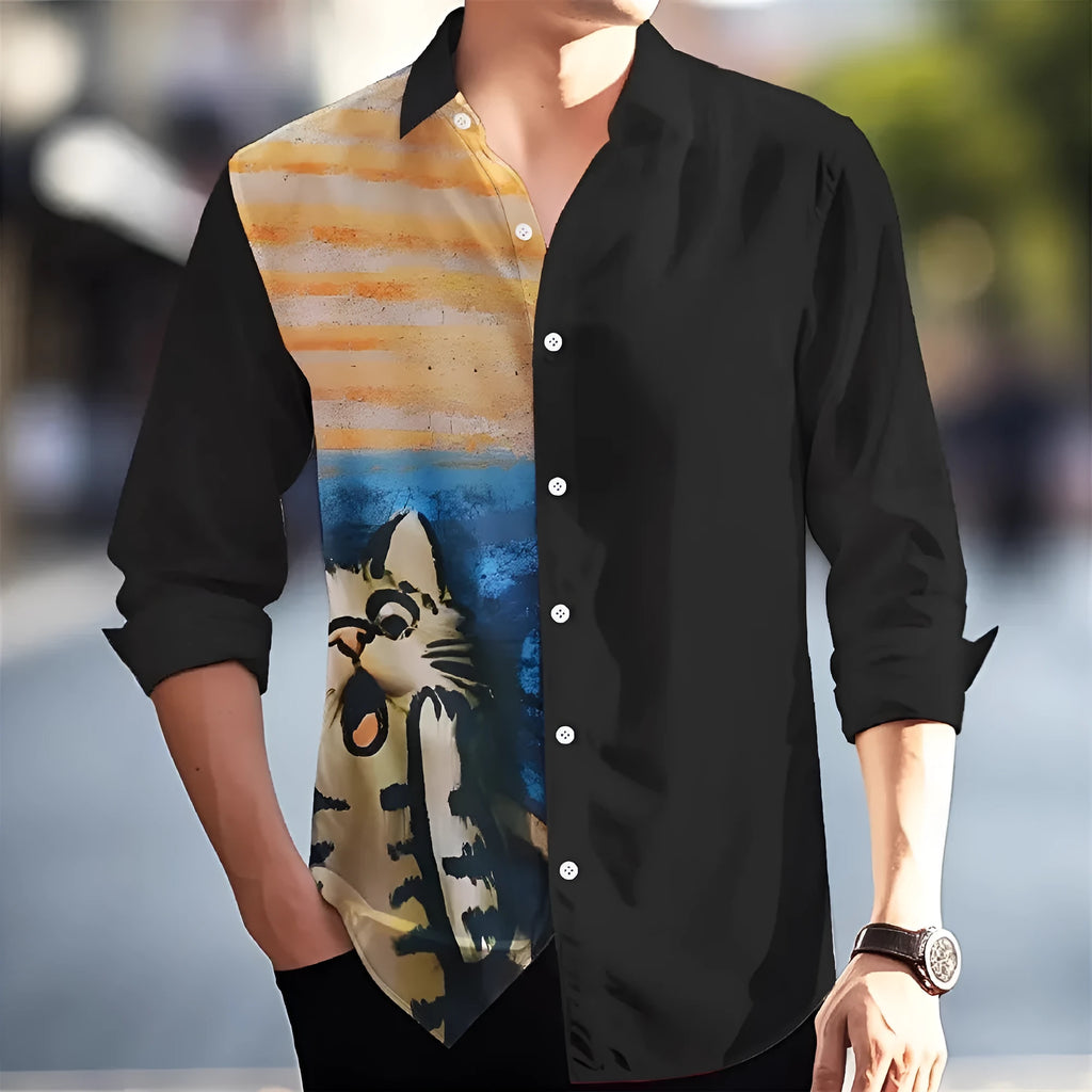 Men's long sleeve Hawaiian shirt with floral pattern in elastic polyester fabric